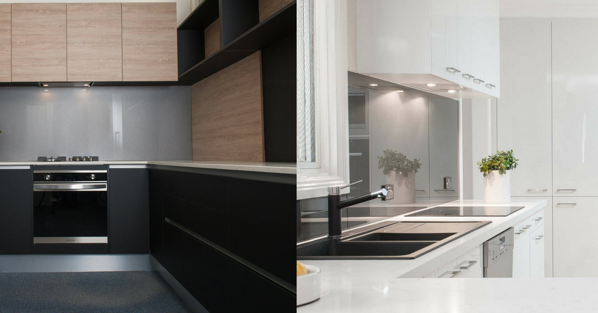 two kitchens - one white and one dark
